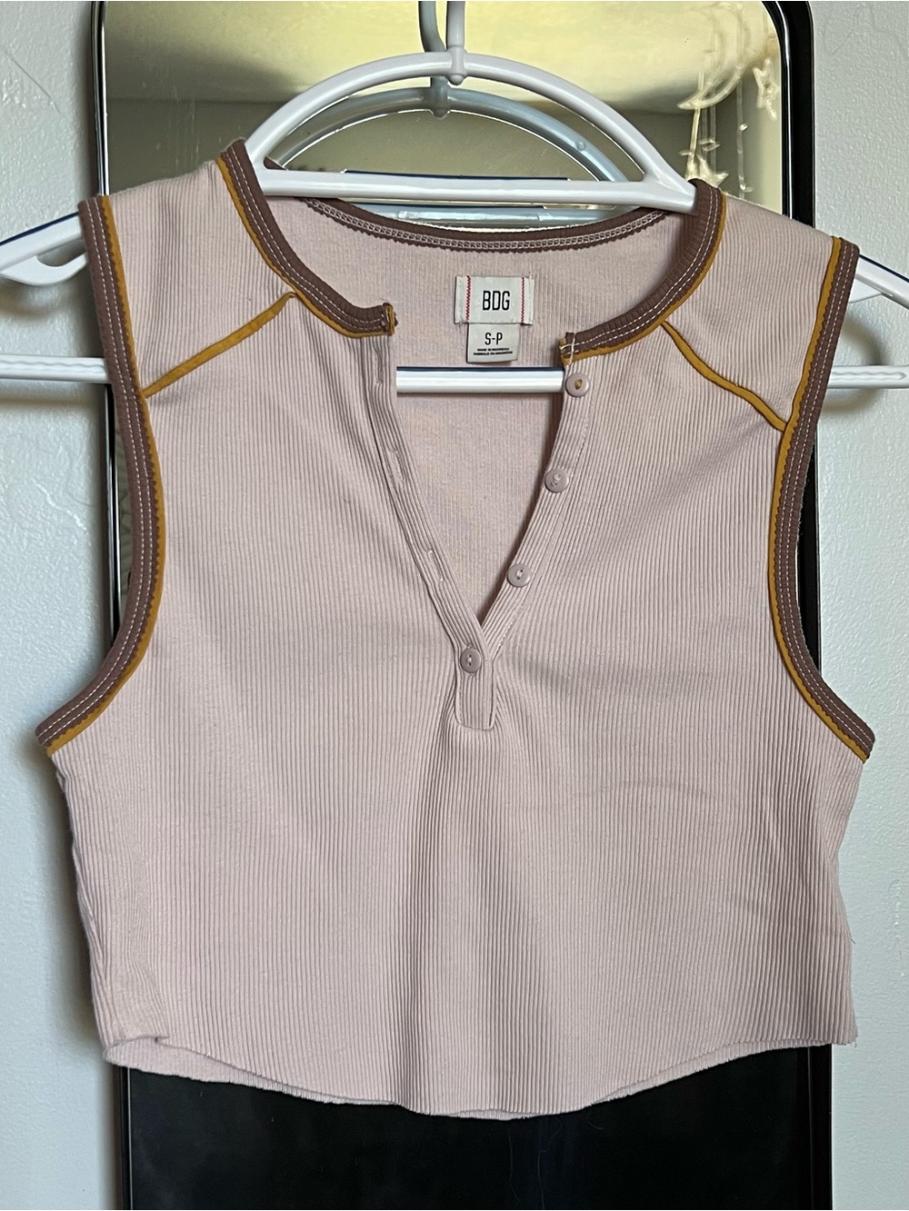 BDG Pale Pink Ribbed Henley Tank with Brown & Mustard Trim